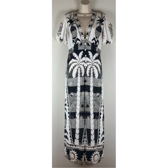 Farm Rio Puff-Sleeve Linen Jumpsuit Black White Size Medium Petite - Picture 2 of 13